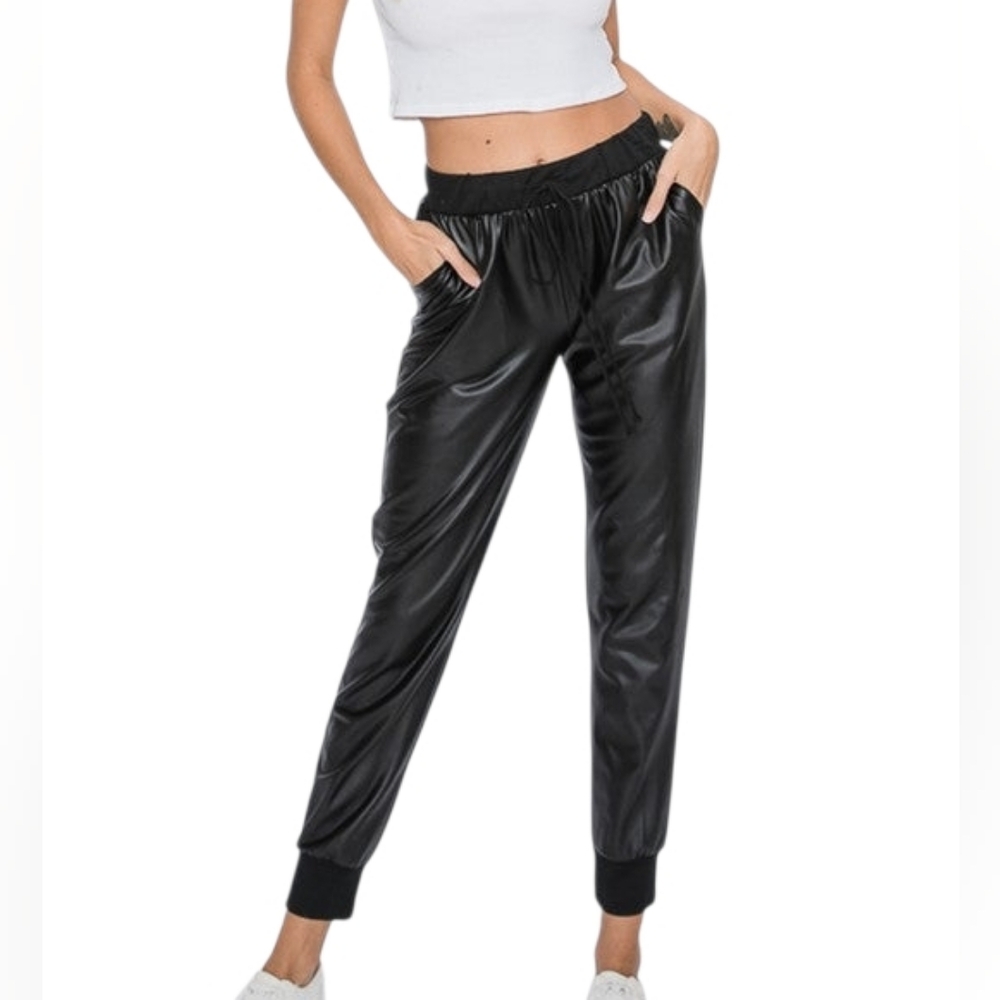 Seven7 Black Faux Leather Joggers